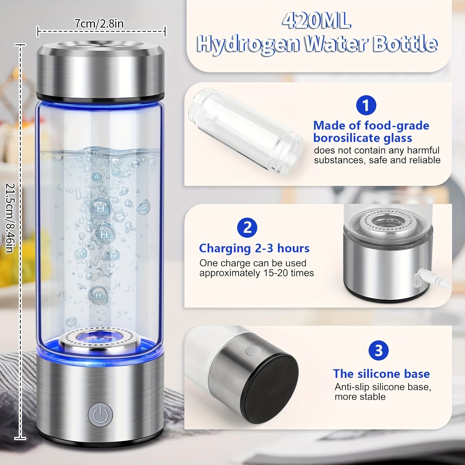 Portable hydrogen water bottle, upgraded version of 1000mAh rich in hydrogen water cup, rechargeable electrolytic hydrogen generator for 3 minutes, bubble machine spare parts, suitable for home office travel fitness